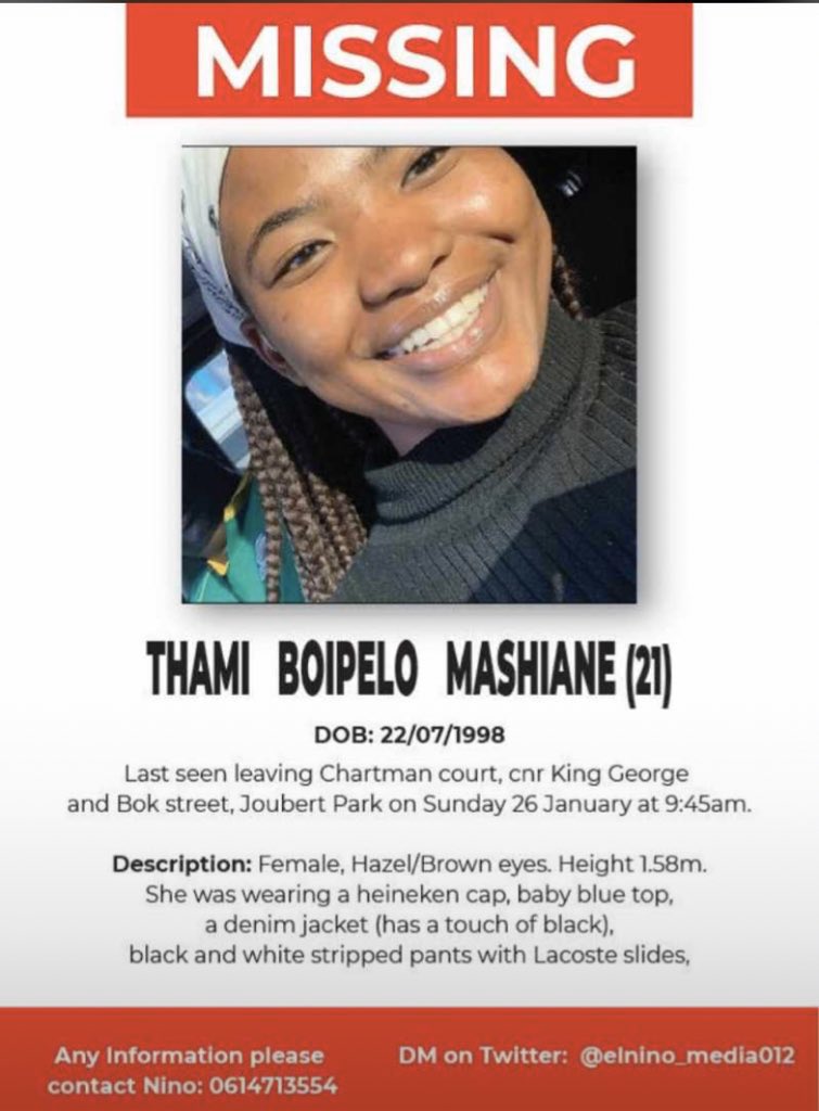 ubuhlengoma's tweet photo. here is the timeline of events for the disappearance of Thami Mashiane from Thursday, 23 January 2020 - today, Wednesday, 29 January 2020.
i will update everyone on this thread until she we find her.
#helpfindthami #findthami
A THREAD: https://t.co/P4gkNCVnXZ