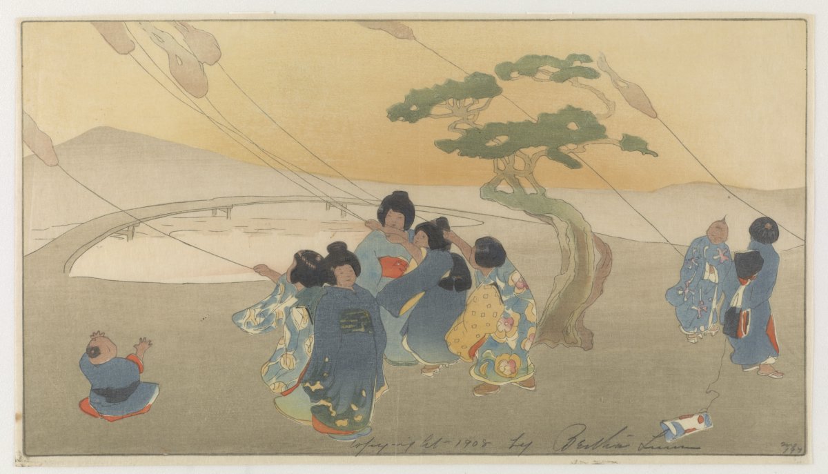 A woodblock print by Bertha Lum of a group of adults and children flying kites on a windy day. A mountain is in the distance, a bridge over water in the middle ground, and a tree in the foreground.