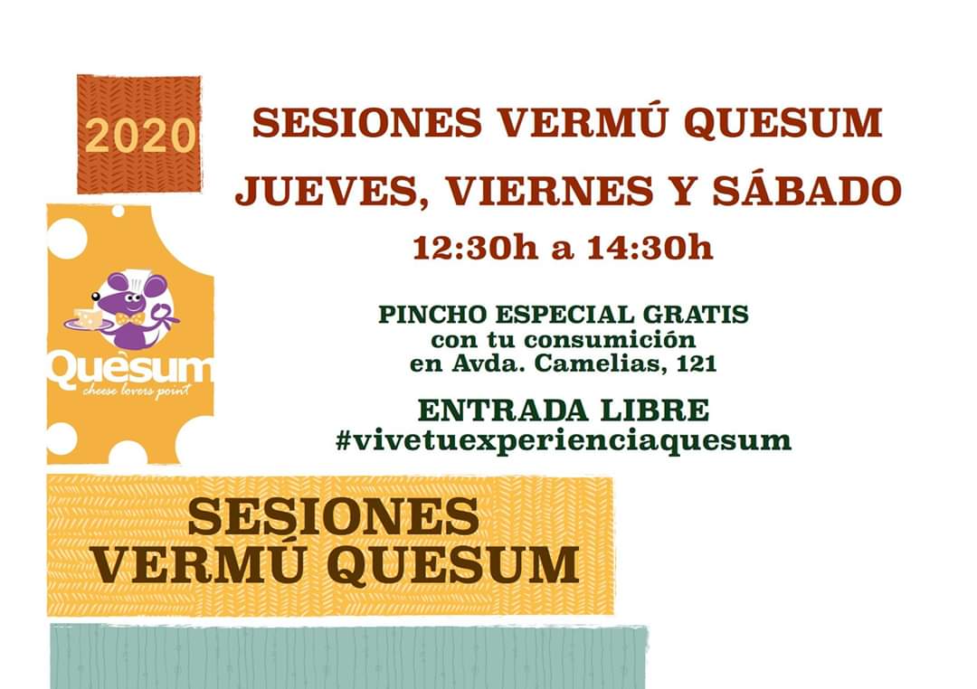 Jueves, viernes y sábado, de 12:30h a 14:30h, la sesión vermú, mejor en Quesum. Tu vermú favorito con un pincho especial gratis. Y además, acompáñalo con una degustación de quesos artesanos, ibéricos o los produtos gourmet de Quesum
#vivetuexperienciaquesum en sala o terraza