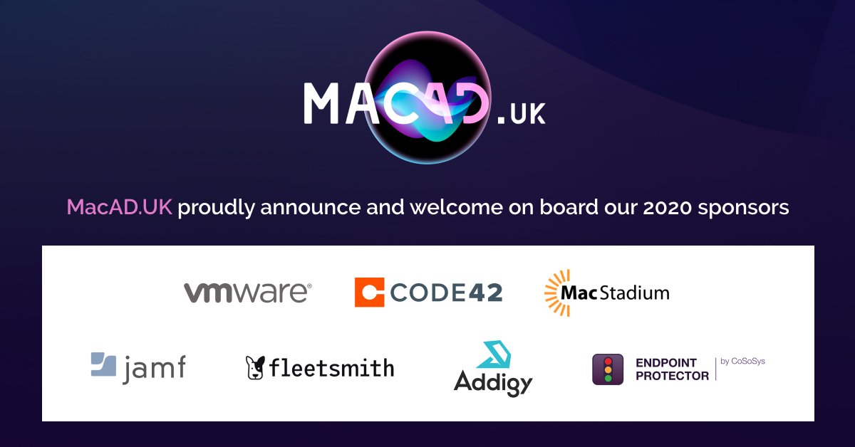 MacAD.UK proudly announce and welcome on board our 2020 sponsors!

<a href="/VMware/">VMware</a> <a href="/code42/">Code42 (acquired by Mimecast)</a> <a href="/MacStadium/">MacStadium</a> <a href="/JAMFSoftware/">Jamf</a> @FleetsmithHQ <a href="/addigy/">Addigy </a> @cososys

Haven't got your tickets yet? Purchase them here -
macad.uk/shop/