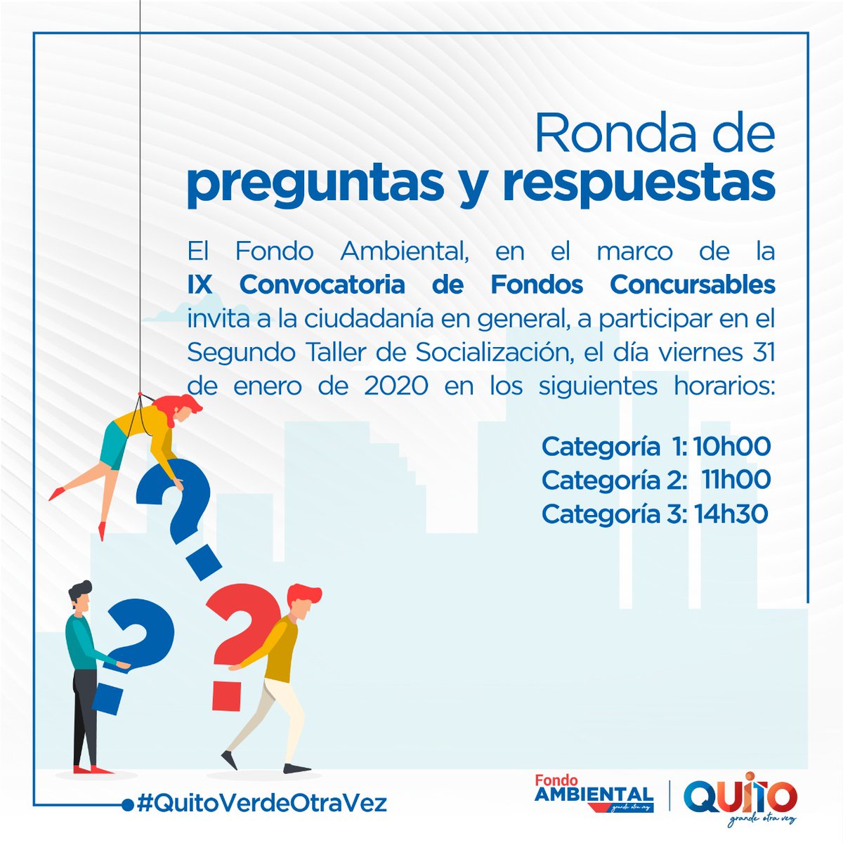 El Fondo Ambiental de Quito realizó la IX Convocatoria de Fondos Concursables. A fin de fortalecer la participación ciudadana, se dictará un segundo Taller de Socialización para apoyar la elaboración de proyectos ambientales. Revisa las bases en fondoambientalquito.gob.ec/fondos-concurs…