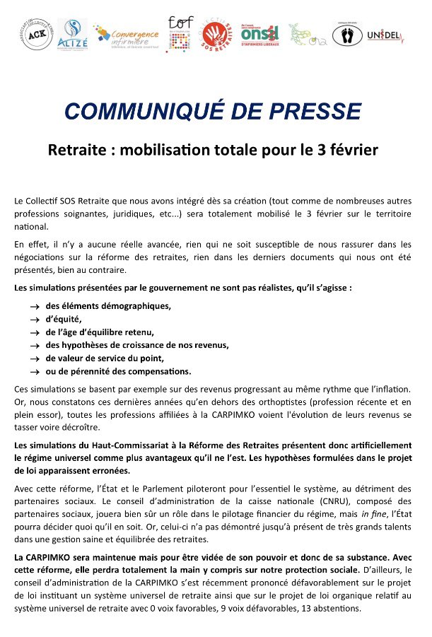 KinesAck's tweet photo. 🚨COMMUNIQUÉ DE PRESSE du 24/01/2010🚨 
Explications, éclaircissements et vérités sur cette #reformedesretraites !! 
Manif du 3 Fevrier 2020 -> Indignez vous 👊🏻👊🏻👊🏻
@SOSRetraites https://t.co/Xr9uve2wrI