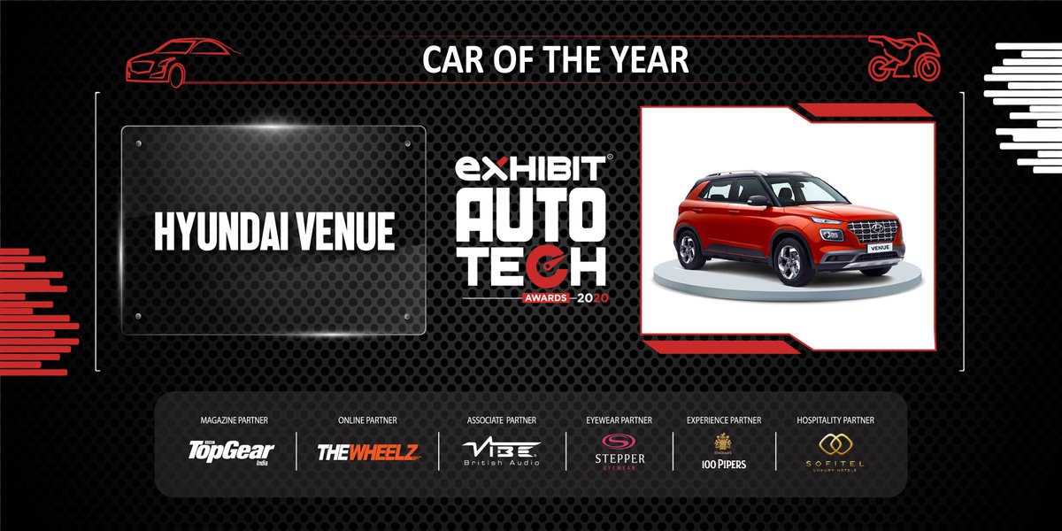 exhibitmagazine's tweet photo. The finale of the evening, Car of the Year goes to Hyundai Venue @HyundaiIndia #ExhibitAutoTechAwards https://t.co/5SSLoOWpcZ