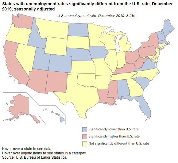 States with unemployment rates significantly different from the U.S. rate, December 2019