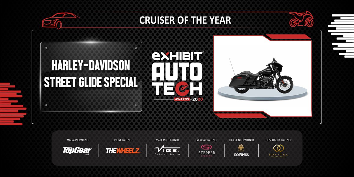 exhibitmagazine's tweet photo. Cruising their way through, Harley-Davidson Street Glide Special wins the Cruiser of the Year at #ExhibitAutoTechAwards @HarleyIndia https://t.co/kTxtr4wWm1