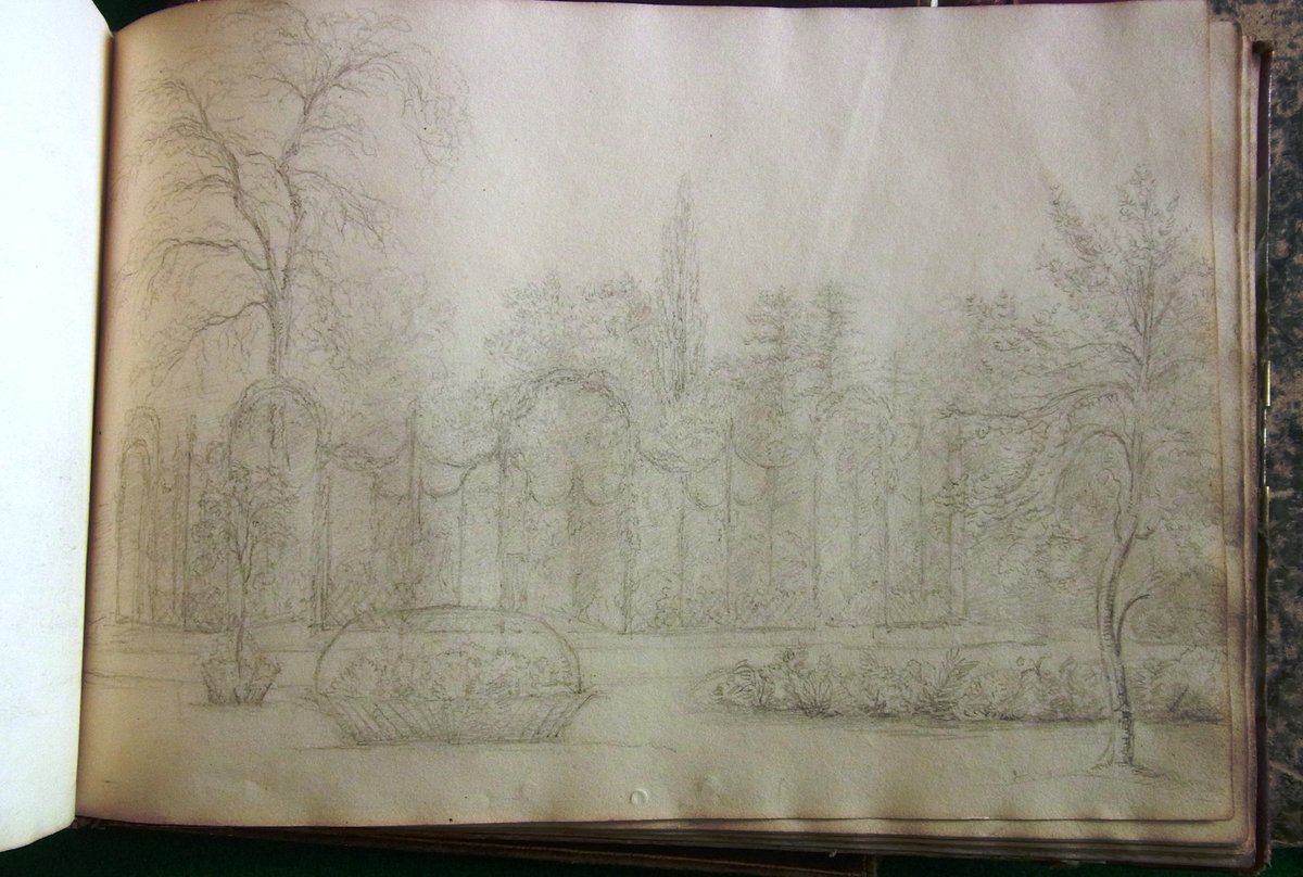 BottValbott's tweet photo. Wonderful, & better than the 1930s postcard! First 'baskets' recorded in Lucy Copland's sketch c1819 in Italian Garden. One like today's from #HannahRothschild's time (she died in 1850) in a @nationaltrust watercolour, late 1830s, inside back cover of our #Gunnersbury #Scalabook https://t.co/KJzpDqgHKk