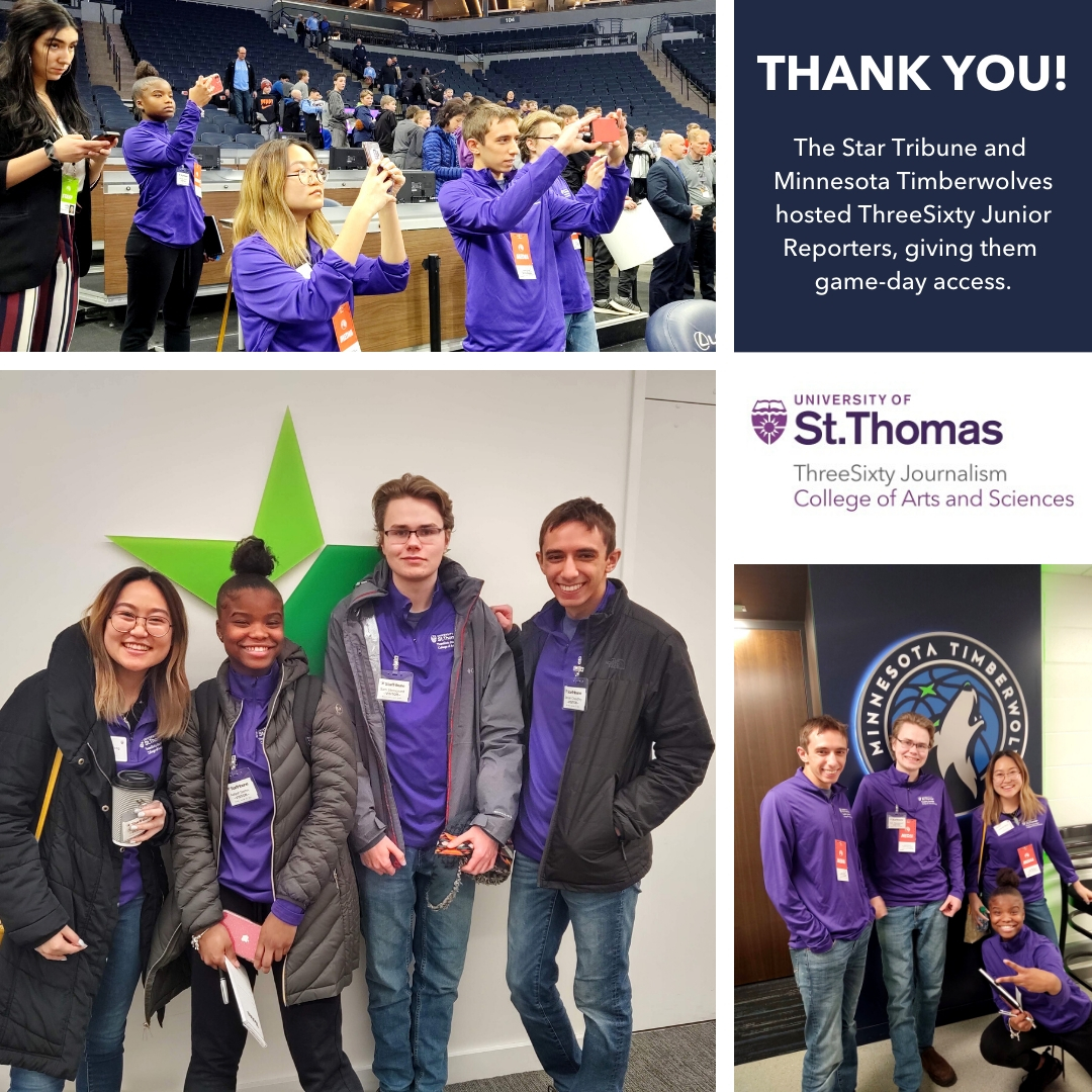 ThreeSixtyMN's tweet photo. Thanks to the @StarTribune and @Timberwolves for giving our #ThreeSixtyJournalism Junior Reporters game-day access Monday! It was a night to remember for Aaliyah Demry, @danielleswong, Zekriah Chaudhry and Sam Stensgaard. https://t.co/UWc4pLYZ21 https://t.co/0jE22hotg3