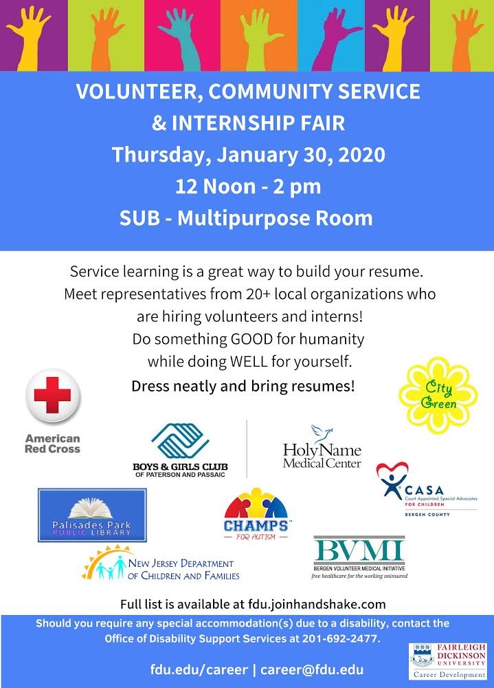 FDUStudentUnion's tweet photo. Join Career Services and their many guests to explore some of your volunteer, community service, and internship opportunities! Tomorrow from noon to 2PM in the MPR.
#FDUMetro #FDUStudentUnion #FDUWhatsNew https://t.co/XVAS83uZL9