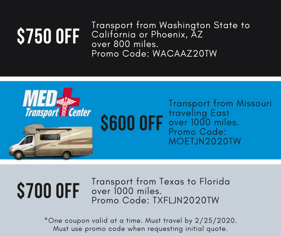 MedTransCenter's tweet image. February Promos Alert!!
-$750 off transport from Washington State to California or Phoenix, AZ 800+ miles.
-$600 off transport from Missouri traveling East 1000+ miles.
-$700 off transport from TX to FL 1000+ miles.
*Must travel by 2/25/2020. See Image for full details.