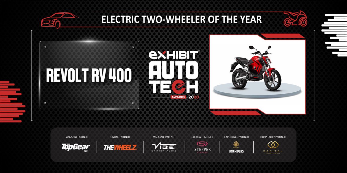 exhibitmagazine's tweet photo. #RevoltRV400 bags the award for Electric Two-Wheeler of the Year! #ExhibitAutoTechAwards https://t.co/QS6gwLSCbZ