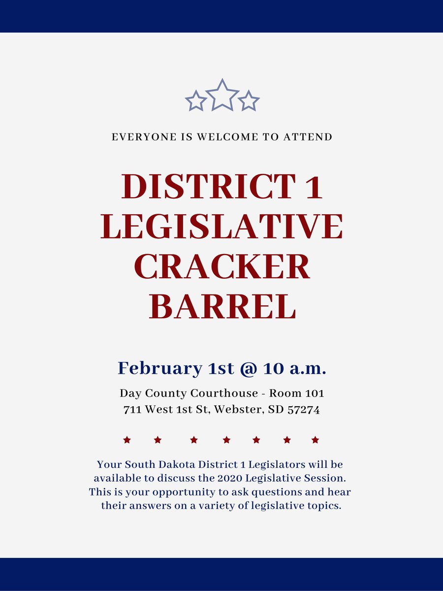 District 1 Legislative Coffee this Saturday in @WebsterSD! Stop by for coffee and conversation at Day County Courthouse lower level! #SDLeg