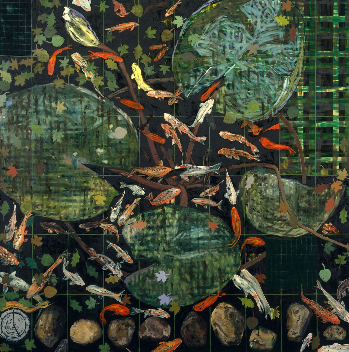 Multicolored koi fish swim amongst lily pads on a black background filled with white grid lines.