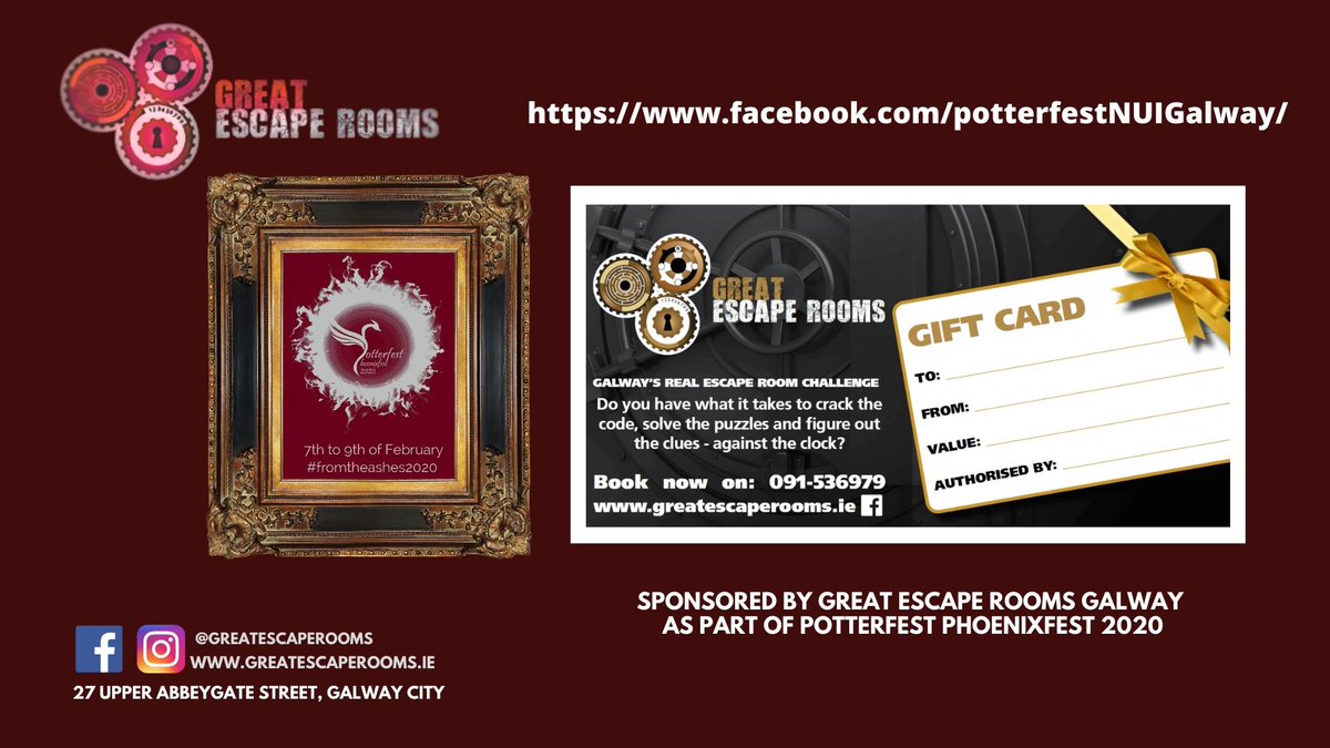 PotterFestNUIG's tweet photo. Look here ! Behold, a prize! From the Phoenixfest Charity Raffle, gifted to us from our most gracious and noble sponsor @GR8EscapeRooms !  Indeed, here lies a voucher worth euros a hundred… What marvellous things could be achieved with this! https://t.co/kki0nqHF0I