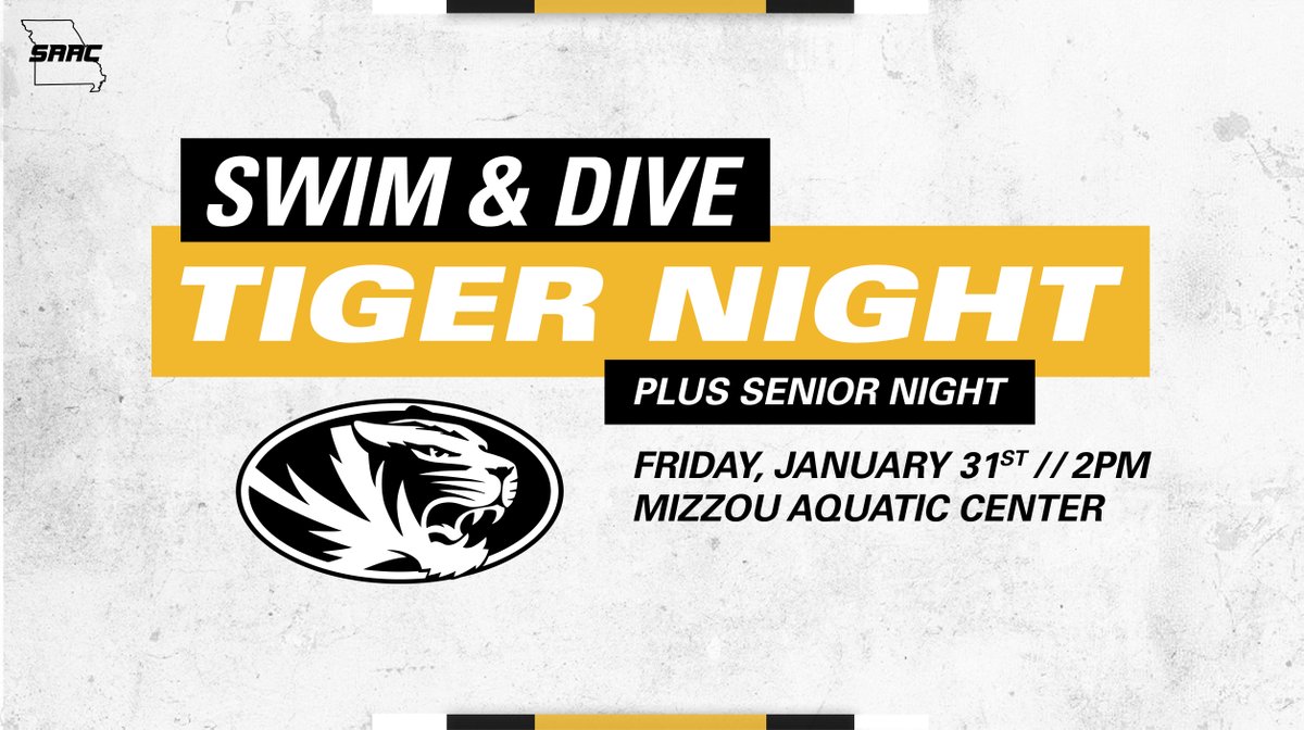 🚨ATTN Tigers! 🚨

Swim &amp; Dive's Tiger Night (and Senior Night!) is just 2️⃣days away! Plan to be at the Mizzou Aquatic Center to cheer on this team that's been on 🔥🔥🔥starting at 2PM Friday!