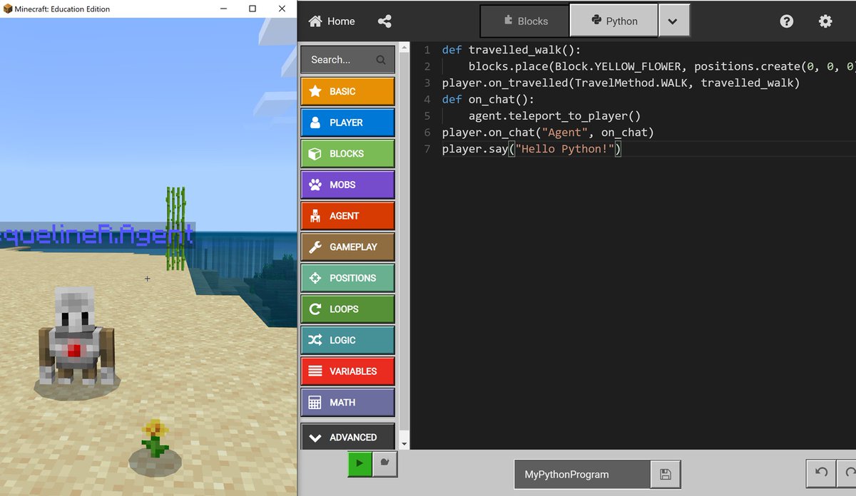 Screenshot of Minecraft: Education Edition supporting the Python programming language in code builder via Microsoft MakeCode. 
