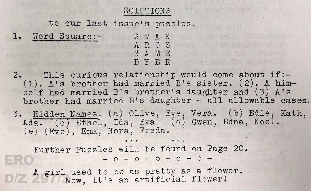 Solutions to puzzles. Including answer to girls names hidden in sentence: Olive, Eve, Vera.