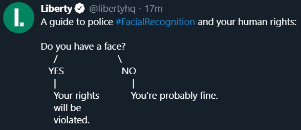 The image consists of text that reads:
A guide to police facial recognition and your human rights. Do you have a face? Yes - your rights will be violated. No - you're probably fine.