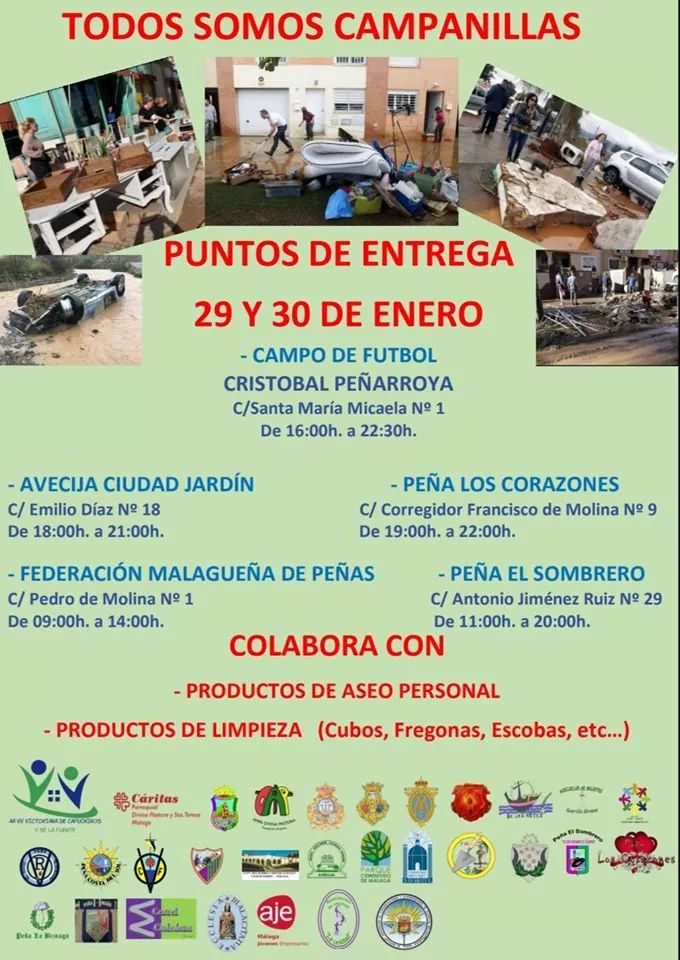 ACTIVANDOmalaga's tweet photo. ATENCIÓN‼ Campaña de Recogida para HOY y MAÑANA - Campanillas.
Necesitan productos de aseo personal y de limpieza. Se agradece difusión.
¡Gracias por tu colaboración! ❤️
#Solidaridad #Recogida #Inundaciones #Desastre #Naturaleza #Lluvias #Borrasca #Gloria #ACTIVANDOmálaga https://t.co/gABAA7BqCV