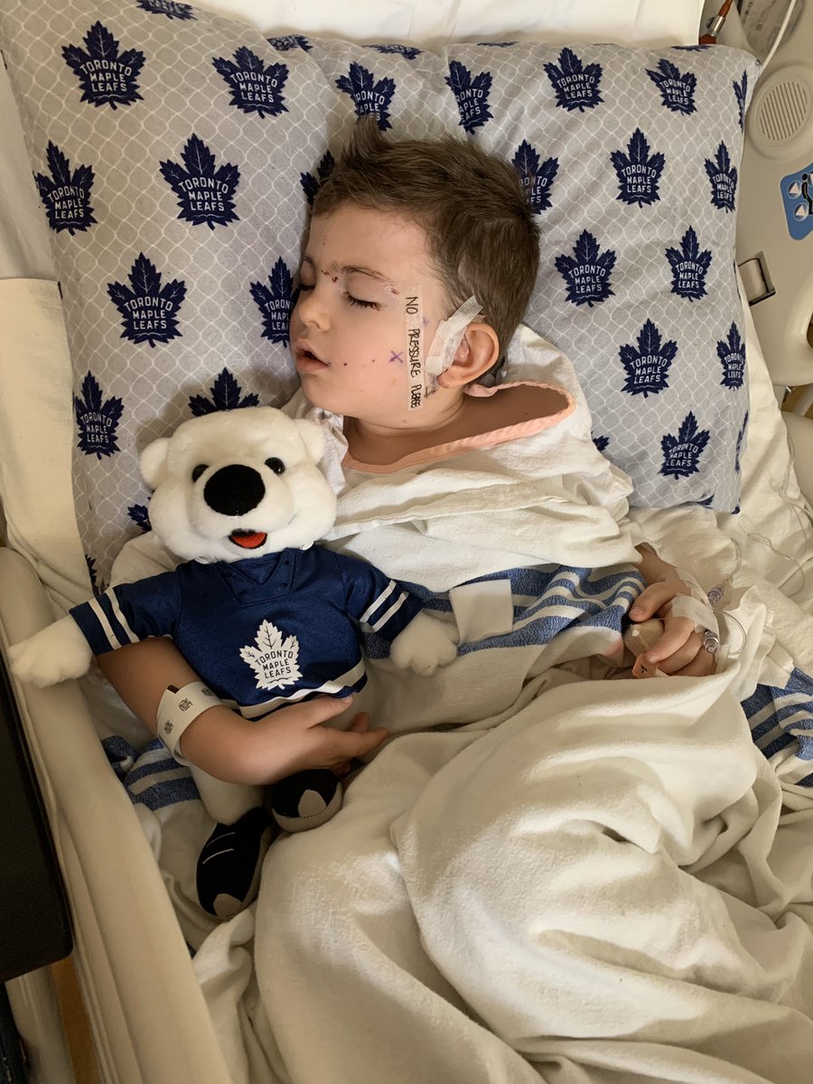 littlefieldkim's tweet photo. Back at Sick Kids with our brave little man Joshua. He has his team of superhero’s with him always. @91Tavares @AM34 @Marner93 @MapleLeafs https://t.co/2FoJpAGnAd