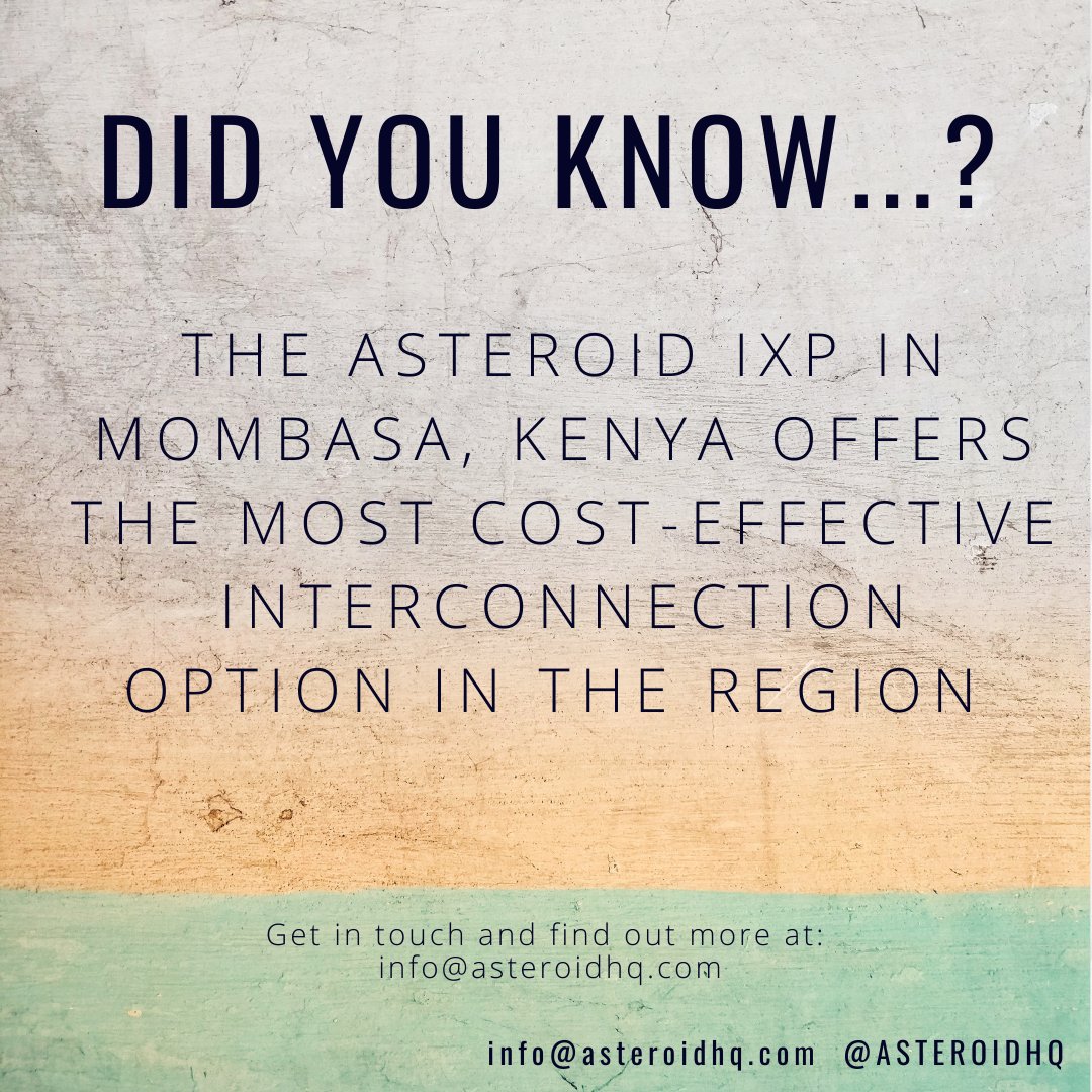 AsteroidHQ's tweet photo. Get in touch and connect to the Asteroid IXP in Mombasa, Kenya - the Internet hub for East Africa!
info@asteroidhq.com
#IXP #peering #Kenya #Mombasa #EastAfrica #AFPIF11 #AFPIF2020 https://t.co/BfGqtAC8C5