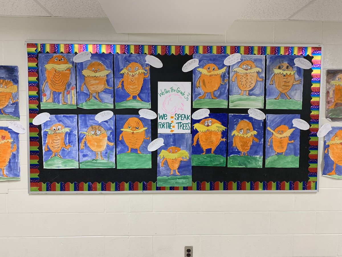 MrsBethYando's tweet photo. All decorated for Kindergarten Open House on Thursday night @merritt_ps with @msacreighto grade 3’s cute Lorax paintings and eco tips!!! 🧡🌲🌳🌴🧡@kim_flett 
#SpeakForTheTrees https://t.co/gro3xUqByd