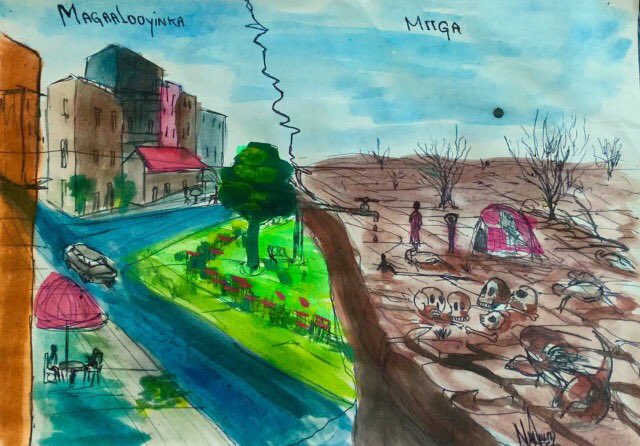 Quite a powerful image by Somali artist Nujuum Hashi Ahmed with the caption, “decide, law, peace”. Nujuum tackles various day to day aspects of life in Somalia through her paintings, including the rights of women, politics, peace and conflict.
Source: bit.ly/2RDOmwE