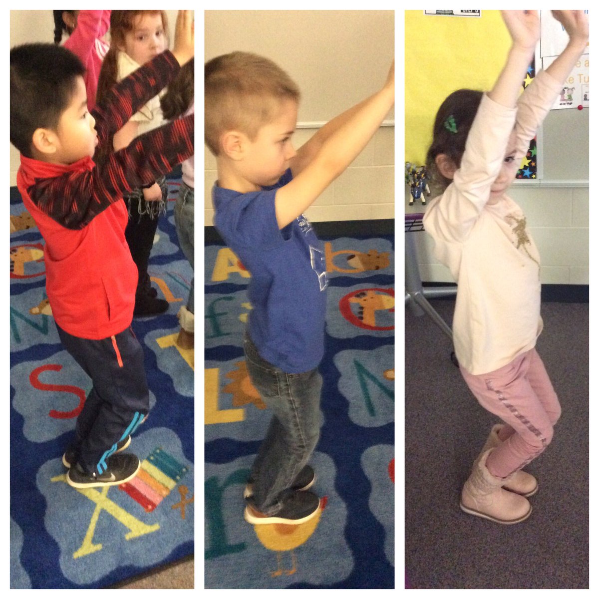 Practicing mindful movements to get our minds and bodies ready to learn. #d60learns #mindfulmovements #yoga #chairpose #focus #kindergarten