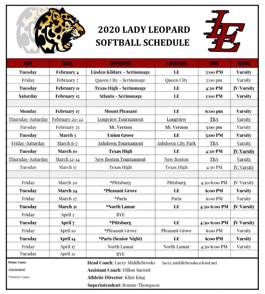 EylauSoftball's tweet photo. 2020 Lady Leopard Softball Schedule #WeAreLE https://t.co/gcKHIsrluG