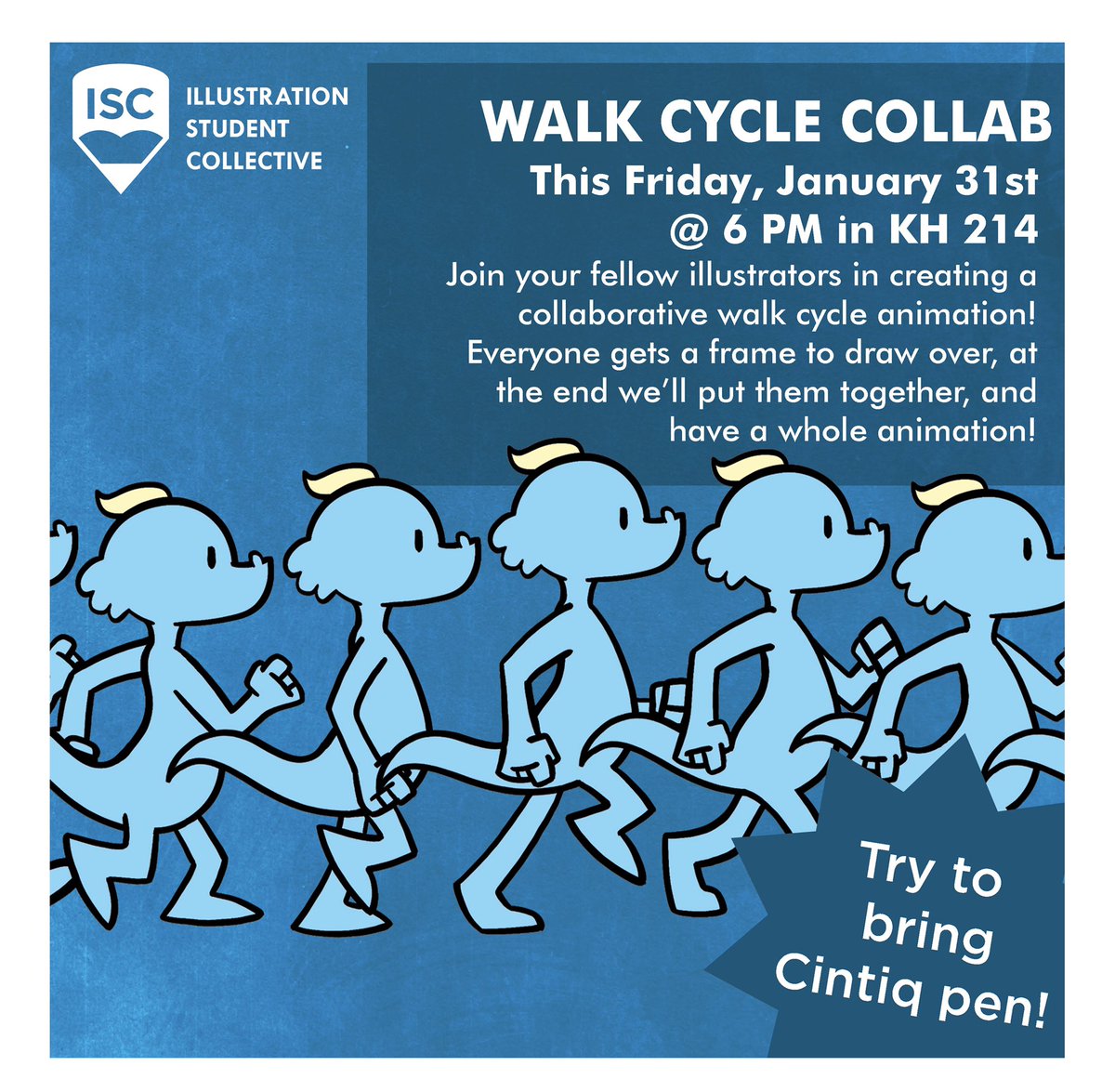 CCADISC's tweet image. Join us this Friday for a Walk Cycle Night! Work with your fellow students in creating a walk cycle animation! Everyone gets one frame to draw over and at the end we’ll put it together for a whole animation. We’ll be meeting at 6PM in Kinney 214.
