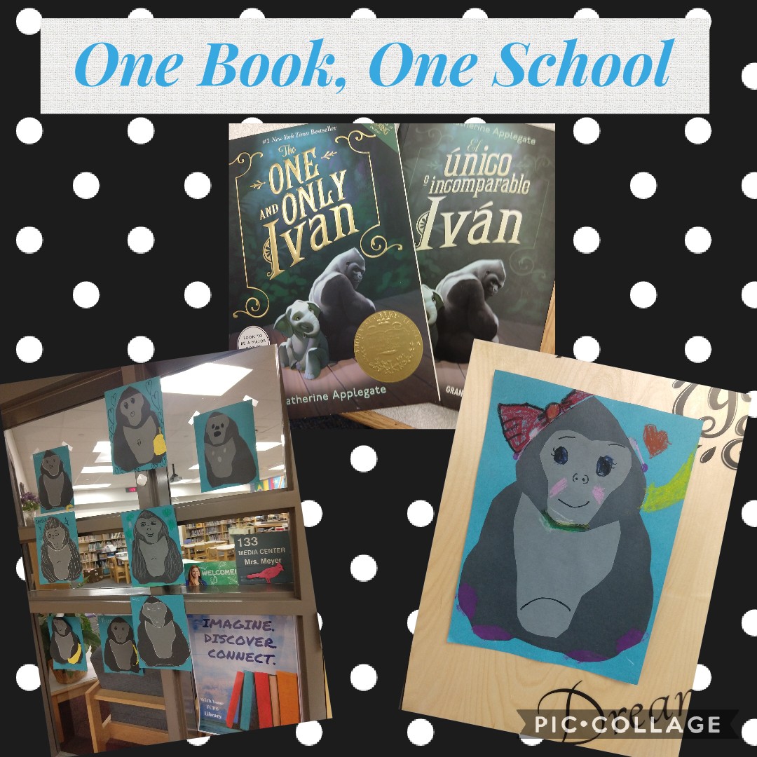 Meyer113's tweet photo. One Book, One School is in full swing. I love that our amazing art teacher is doing Ivan based projects. Check out this awesome work by K/1! Can't wait to see the habitats 3rd is creating. #FCPSLibrariesLead https://t.co/qAN9zU6khb