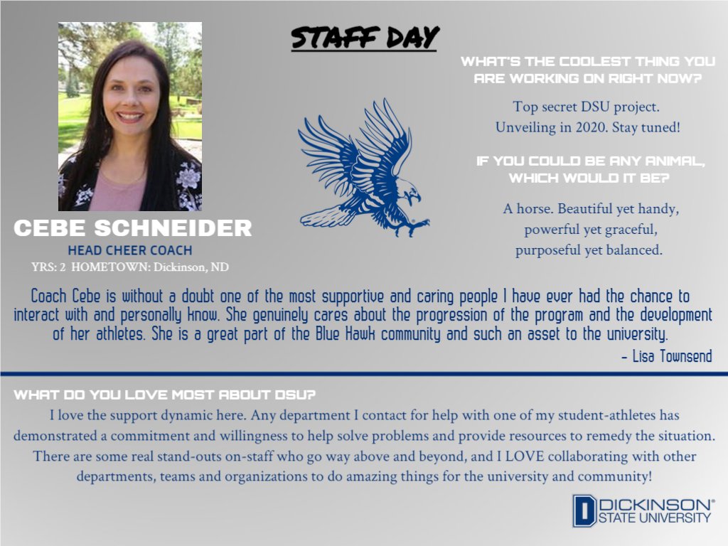 dsubluehawks's tweet photo. Get to know Dickinson State Cheer Coach Cebe Schneider in this week's edition of staff day. #HawksAreUp https://t.co/lV8DUUeOJO