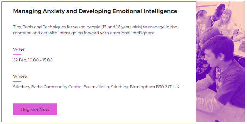 time2enable's tweet image. Do you use your Emotional Intelligence superpower?!

We're running a Managing #Anxiety &amp;amp; Developing #EmotionalIntelligence workshop on 22nd Feb @stirchleybaths

It’s a fun, safe day for 15/16-yr-olds w/ tips, tools &amp;amp; techniques to try out &amp;amp; take away!

👉time-2.life/event-details/…