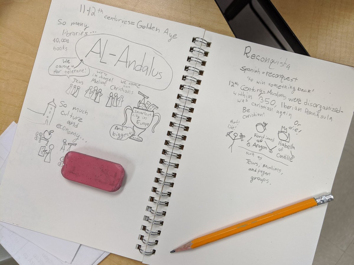 mr_alex87's tweet photo. Teaching about the Islamic empire in Spain this year. Still using Sketchnotes to help make thinking visible. Still always impressed by my students' creativity. #sketchnotes #internationalteacher #MISStandUp #StandUpMIS https://t.co/wHZdHeHgq7