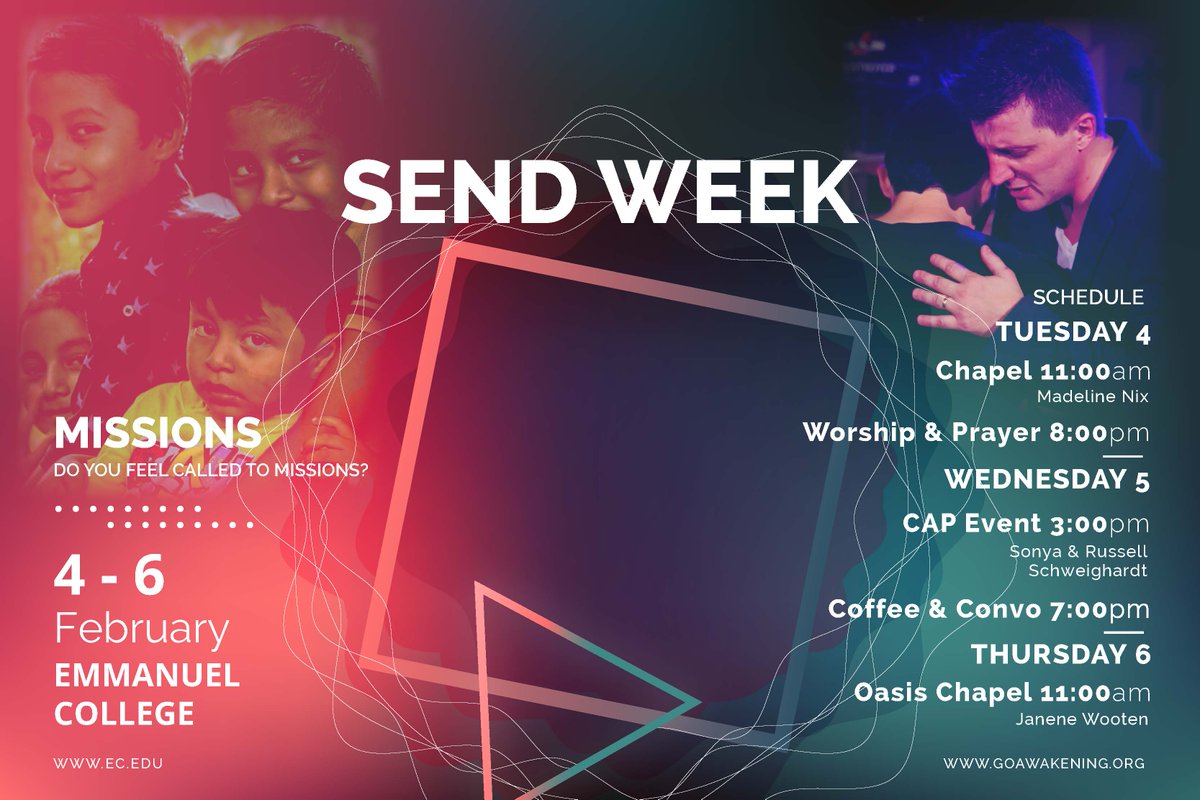 SEND Week at Emmanuel College is just one week away! If you're an EC student, this week is for you. Connect with our team, learn about what God is doing around the world, and get plugged in. #untilthelasthasheard