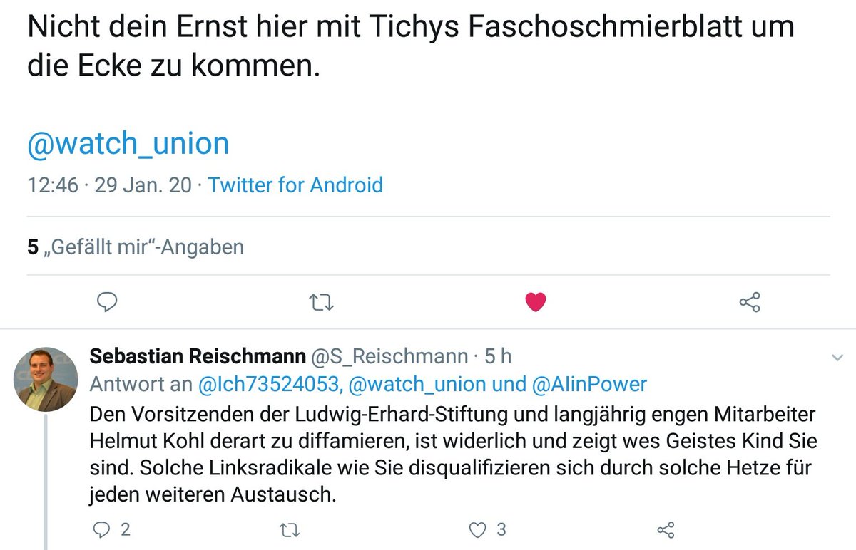 watch_union's tweet photo. Sebastian #Reischmann ist Vorsitzender der #CDU #Hohenstein und #Werteunion #Hessen.
Als solcher hat er kein Problem damit, das rechtspopulistische Portal "#TichysEinblick" als Quelle zu nutzen und verteidigt dessen Chef. Peinlich. /MS https://t.co/hIG7L7Qb1o