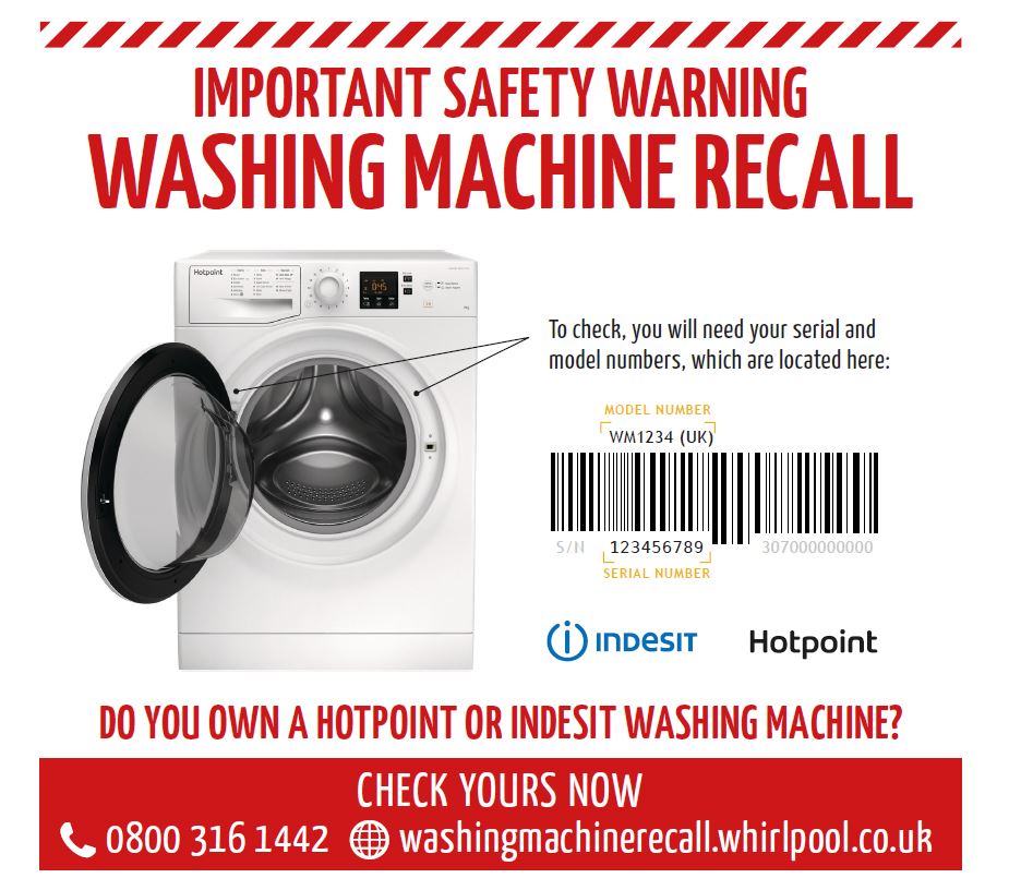 DerbyshireFRS's tweet photo. If you have a new or used Hotpoint or Indesit washing machine made between 2014-2018 please check it has not been recalled – it may pose a fire risk.

To check your machine phone 0800 316 1442 or visit https://t.co/cqfqlRtuzN https://t.co/VTf2ng1VdN