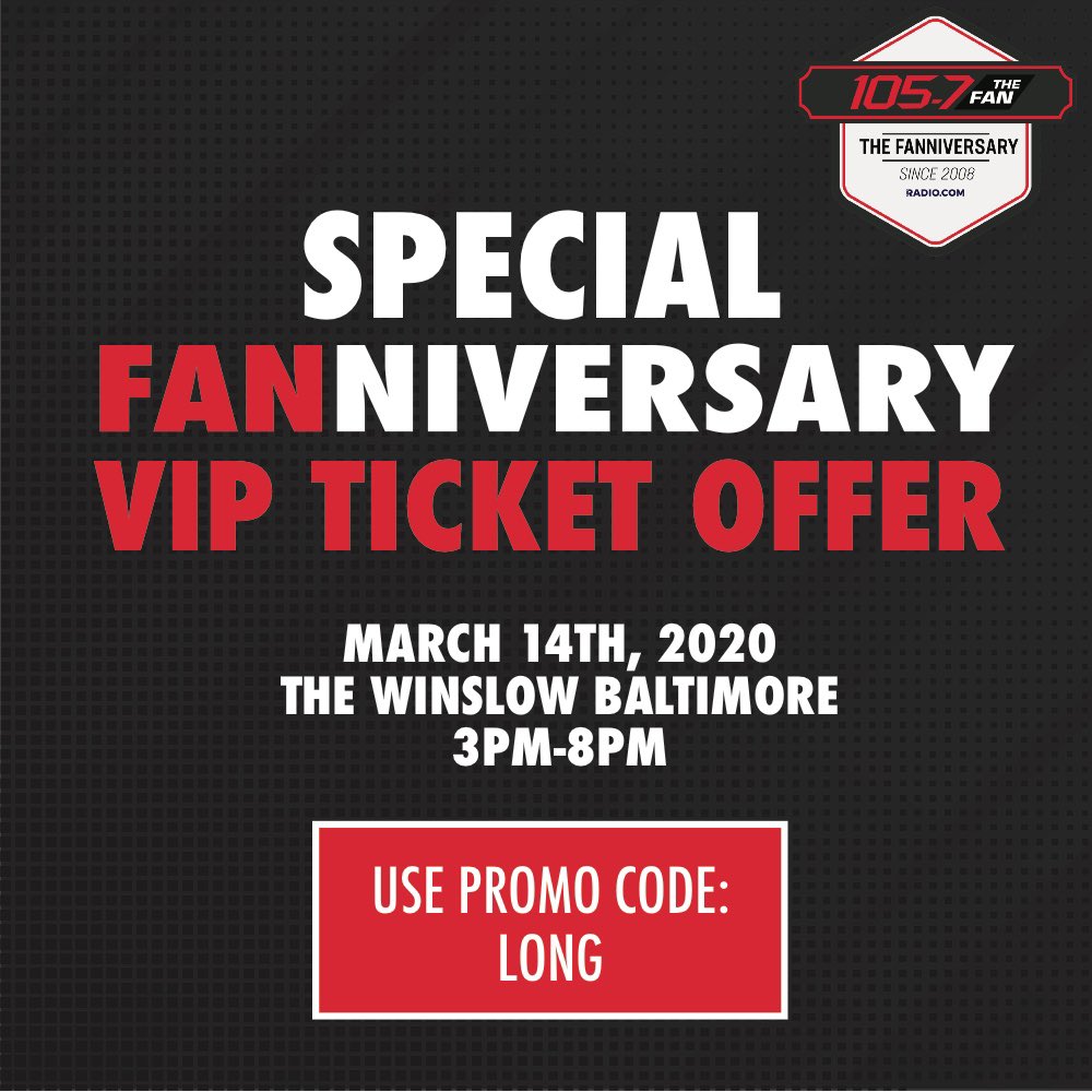 Gina Crash (@ginacrash) on Twitter photo VIP tickets to <a href="/1057TheFan/">105.7 The Fan</a> #FANniversary are almost sold out get them at last year’s price with the promo code LONG at eventsplus.radio.com/baltimore/wjzf… until 2/3 at 11:59pm Don’t miss your chance to hang with <a href="/NorrisandLong/">105.7 Morning Show</a> <a href="/VinnyandHaynie/">Vinny & Haynie Show</a> <a href="/ScottGShow1057/">Scott Garceau Show</a> <a href="/KenWeinmanSport/">Ken Weinman</a> <a href="/radioterryford/">Terry Ford</a> VIP tickets to <a href="/1057TheFan/">105.7 The Fan</a> #FANniversary are almost sold out get them at last year’s price with the promo code LONG at eventsplus.radio.com/baltimore/wjzf… until 2/3 at 11:59pm Don’t miss your chance to hang with <a href="/NorrisandLong/">105.7 Morning Show</a> <a href="/VinnyandHaynie/">Vinny & Haynie Show</a> <a href="/ScottGShow1057/">Scott Garceau Show</a> <a href="/KenWeinmanSport/">Ken Weinman</a> <a href="/radioterryford/">Terry Ford</a>