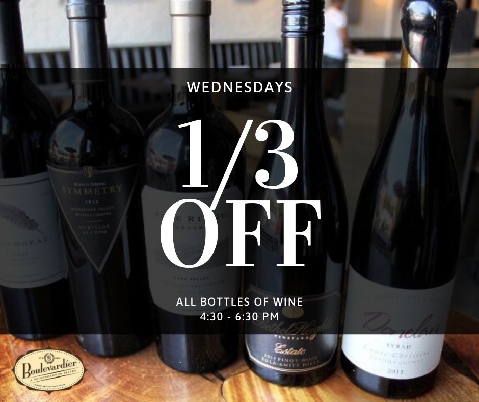 We're celebrating Wednesdays with a  new special. All day every Hump Day, enjoy 1/3 off all bottles of wine, and if that's not enough to sweeten the deal, you can enjoy $1 off Cold Water, East Coast Oysters, from 4:30-630.