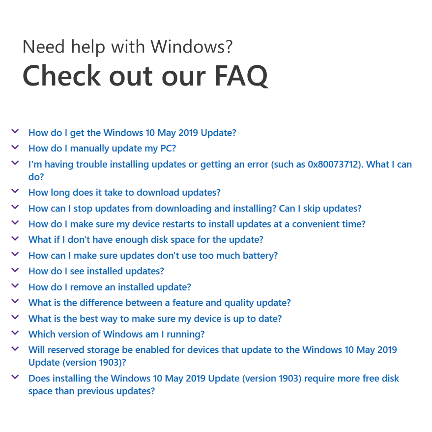 Need help with Windows? Check out our FAQ
Screenshot of questions on FAQ page