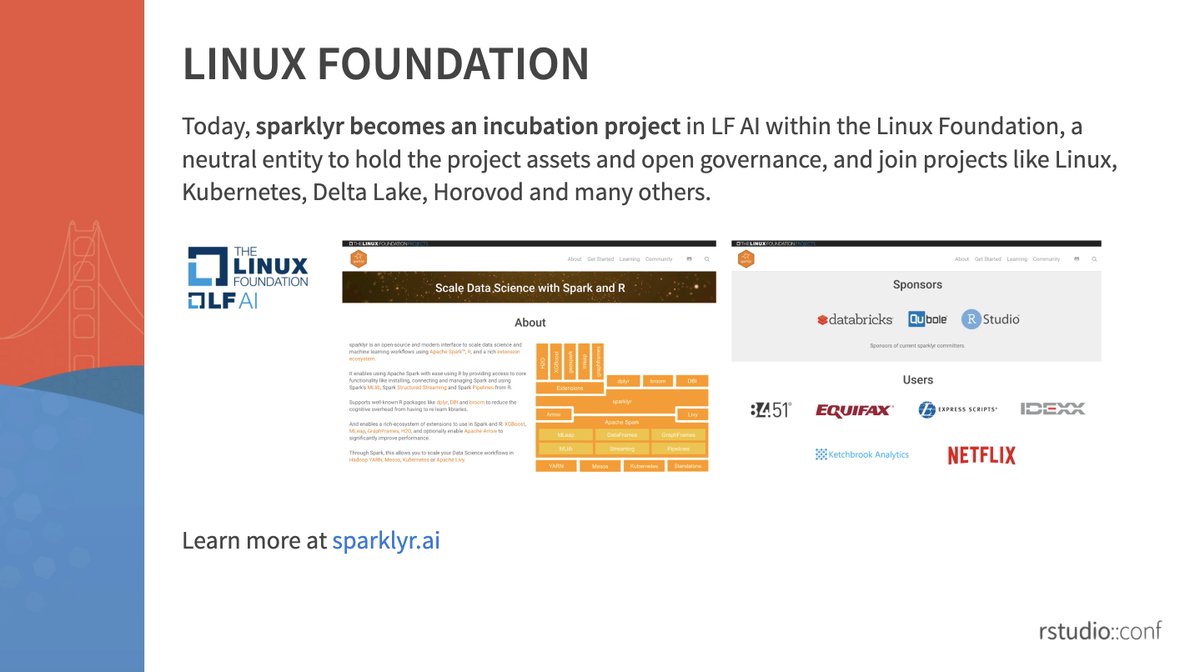 javierluraschi's tweet image. Excited to announce at #rstudioconf2020 that #sparklyr is now hosted within the @LinuxFoundation and LF AI!

Site: sparklyr.ai
Blog: blog.rstudio.com/2020/01/29/spa…
Slides: rpubs.com/jluraschi/rsco…

Also, sparklyr 1.1 now in CRAN, adds supports for @DeltaLakeOSS with #rstats!