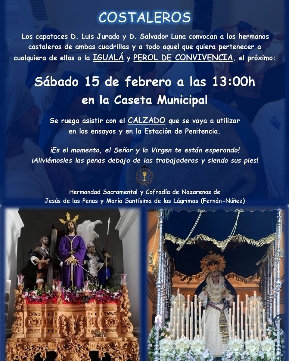 Jornada convivencial costaleros Martes Santo. Todas las personas que quieran formar cuadrilla les esperamos.