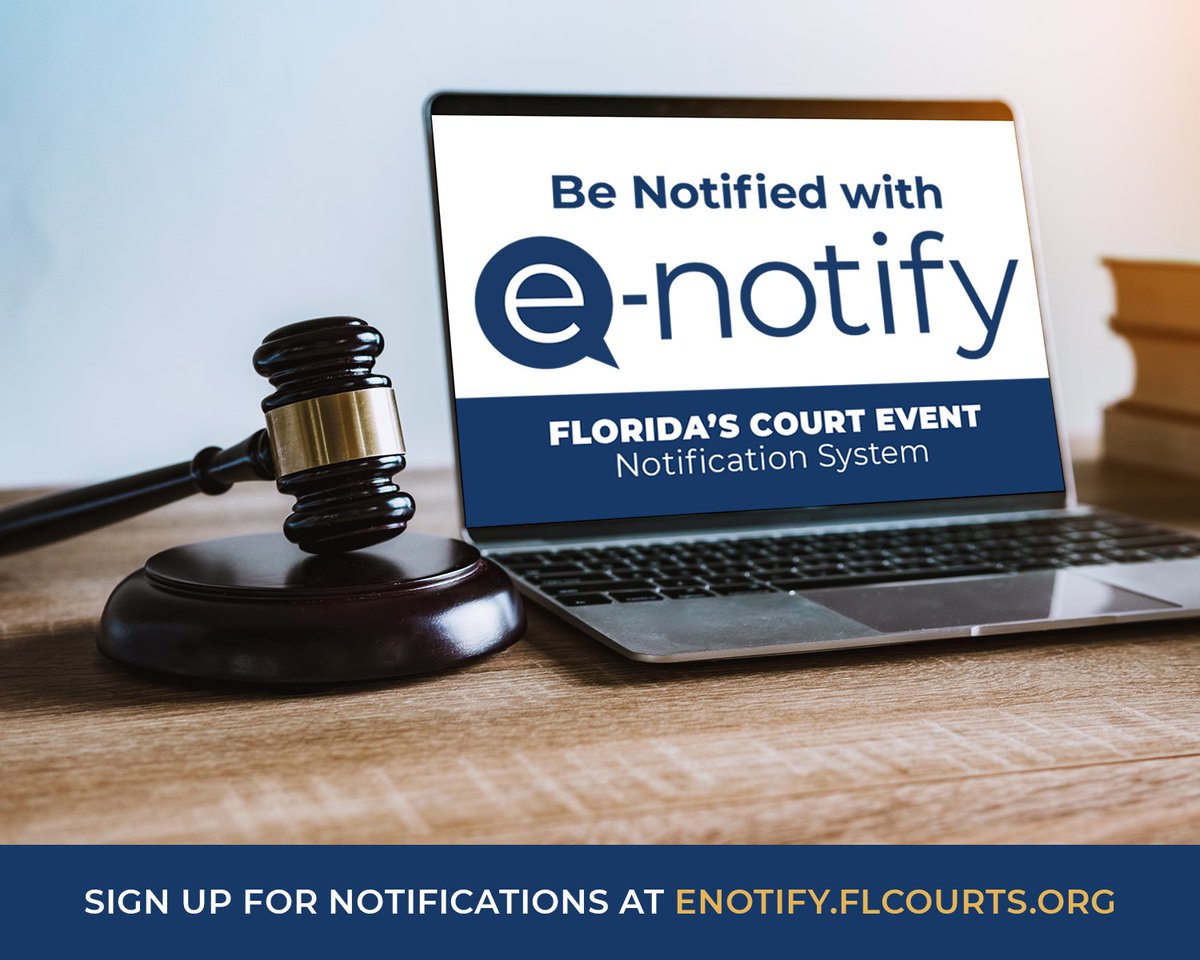 pascoclerk's tweet image. Whether you&apos;re a defendant, an interested party, media, or a research/interest group, keeping up w/court events gets easier Friday: Florida&apos;s #eNotify system goes statewide. Register for your account: enotify.flcourts.org. @TheFlaBar @flcourts @FloridaClerks #serveandconnect