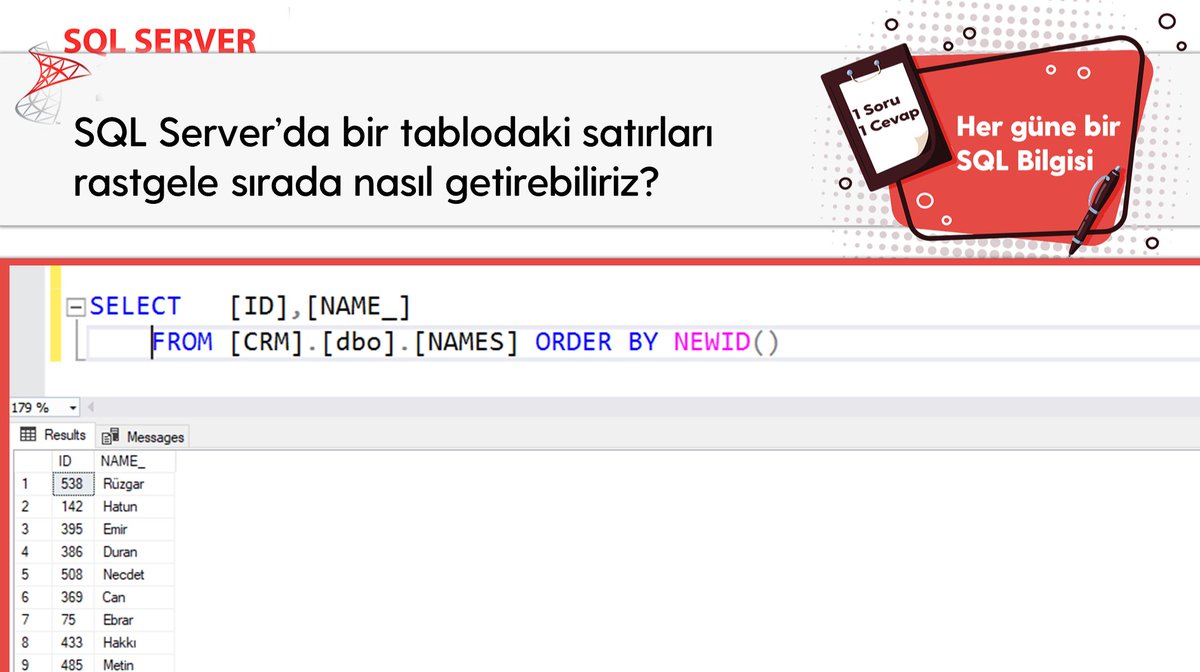 omer_colakoglu's tweet photo. SQL Server’da bir tablodaki satırları rastgele sırada nasıl getirebiliriz?
#hergüne1sqlbilgisi #Newid #rastgeleorderby #randomorderby
#sqladministration #veritabanıYönetimi #sqlperformance
#ocolakoglu #udemysql #tsql #sql https://t.co/NyQPlVt5e0