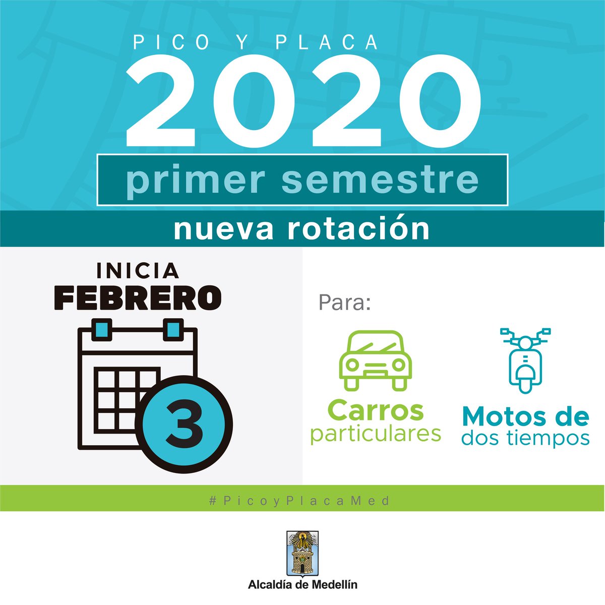 movilidad_med's tweet photo. ¡Atención! Esta es la rotación del #PicoyPlacaMed para el primer semestre del 2020. La medida rotará para taxis, carros particulares y motos 2 tiempos el lunes 3 de febrero. #MovilidadMedellín. 🖇Decreto 0111 de 2020 https://t.co/Y9fSpqo2W9 https://t.co/yd2yBJv4gg