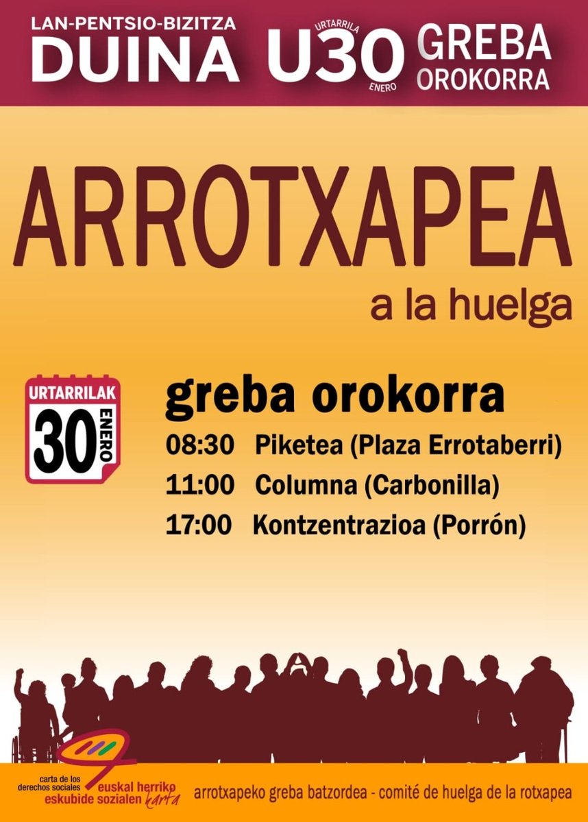 Kaleak gureak direnez, kaleak gogor astinduko ditugu bihar. 
Errotxapea Grebara!
🕛- 08:30 Piketea
🕛- 11:00 Zutabea
🕛- 17:00 Kontzentrazioa
#GoraLangileonBorroka 
#U30GrebaOrokorra