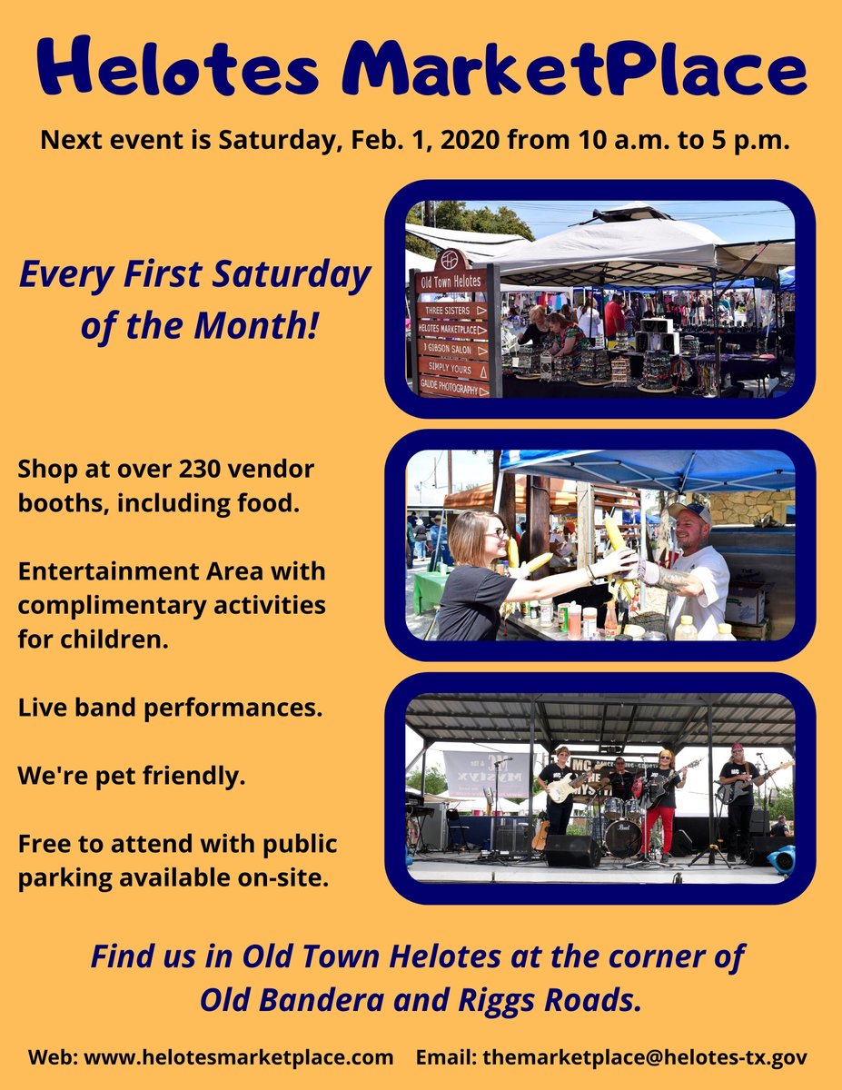 City_of_Helotes's tweet photo. The Helotes MarketPlace will be open in Old Town on Saturday, Feb. 1 from 10 a.m. to 5 p.m. What treasures will you find at the MarketPlace this month? #helotesmarketplace #visithelotes #shophelotes https://t.co/hLgRv3j3m1