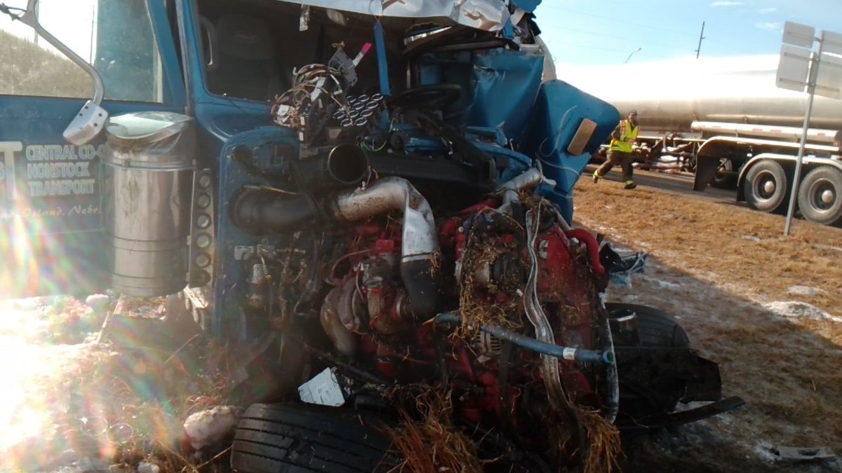 NSP_CarrierEnf's tweet photo. Wheeler Co. crash this AM.  A farmer was hauling hay and became disabled across Hwy 281 in fog.  Loaded tanker comes over a small hill and collides with the back of the trailer.  Farmer was not in his truck; and uninjured but the driver of the tanker was life flighted. 
#NSP661 https://t.co/oHZ1sJj4ZN