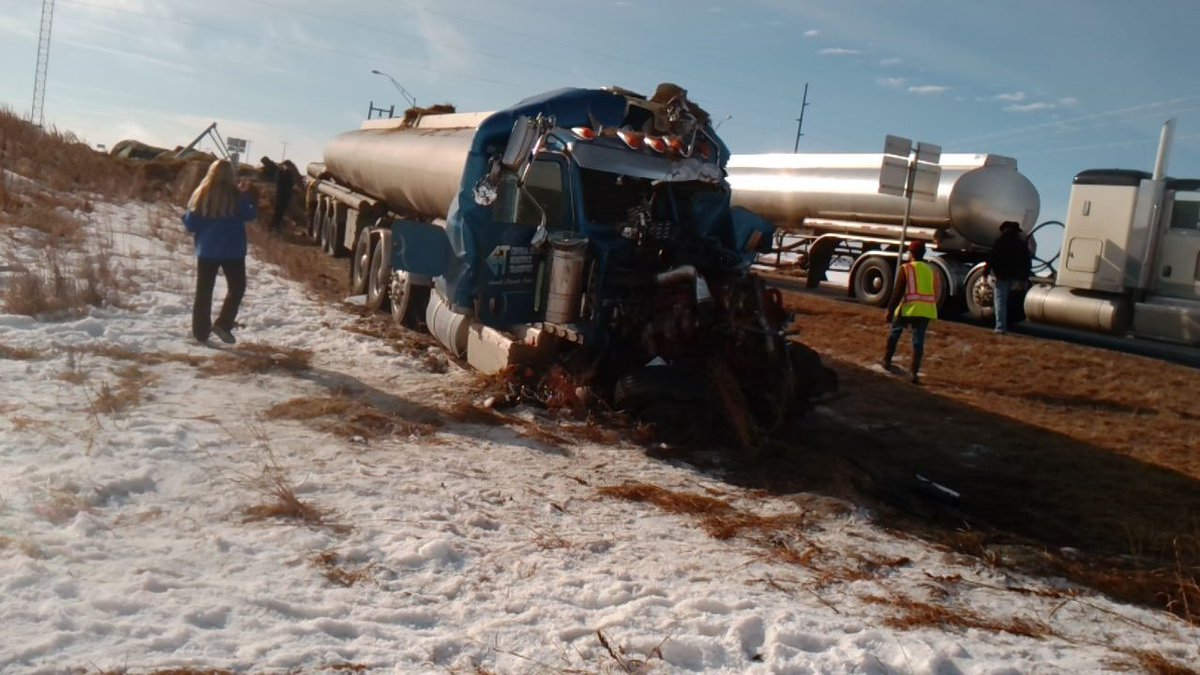 NSP_CarrierEnf's tweet photo. Wheeler Co. crash this AM.  A farmer was hauling hay and became disabled across Hwy 281 in fog.  Loaded tanker comes over a small hill and collides with the back of the trailer.  Farmer was not in his truck; and uninjured but the driver of the tanker was life flighted. 
#NSP661 https://t.co/oHZ1sJj4ZN