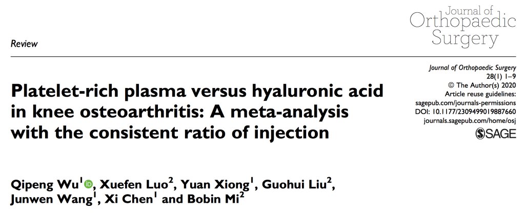 Platelet-rich plasma versus hyaluronic acid in knee osteoarthritis: A meta-analysis with the consistent ratio of injection. journals.sagepub.com/doi/pdf/10.117…