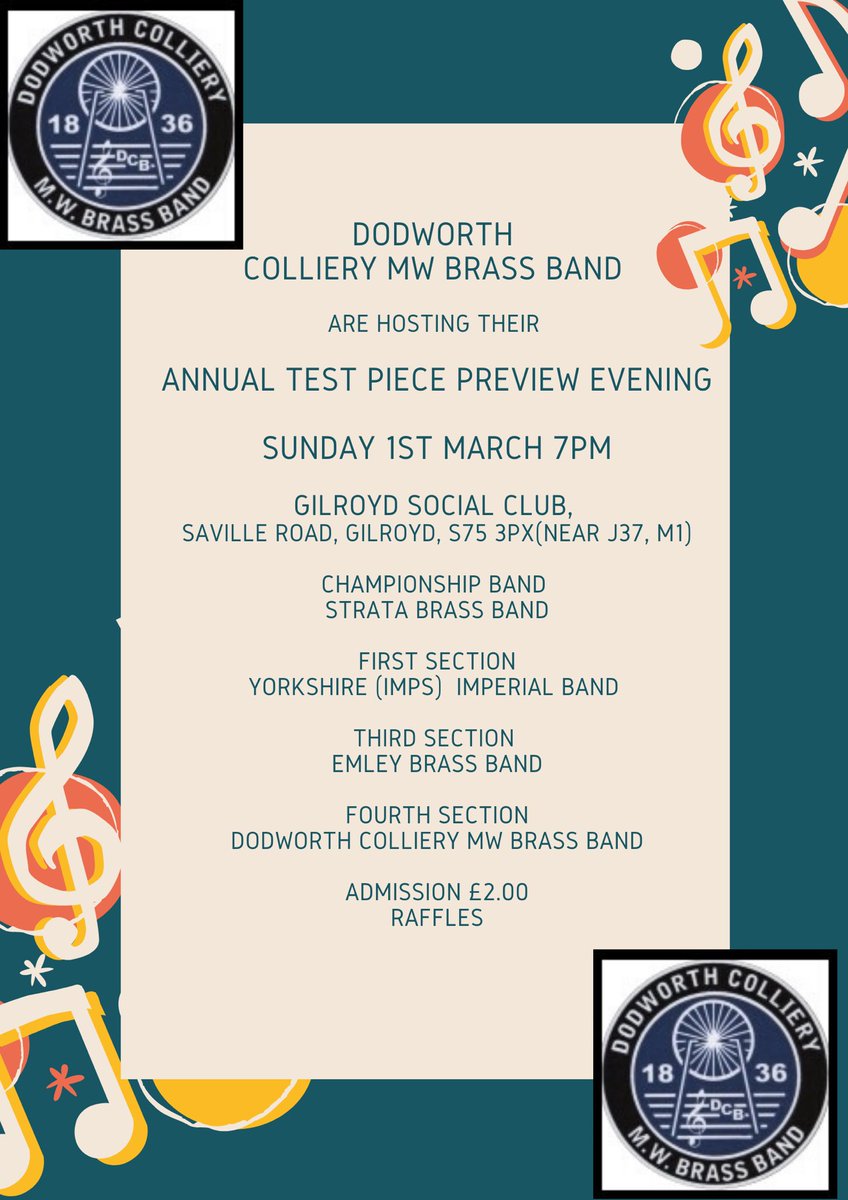 Join us for our annual test piece preview evening on Sunday 1st March, 7pm at #Gilroyd Social Club

Admission £2.00

<a href="/StrataBrass/">Strata Brass</a> 
<a href="/YorkshireImps/">Yorkshire Imperial Band</a>
<a href="/emleybrassband/">Emley Brass Band</a> 

#barnsley
#Yorkshire 
#regs2020
#SouthYorkshire
#WestYorkshire
#NorthYorkshire